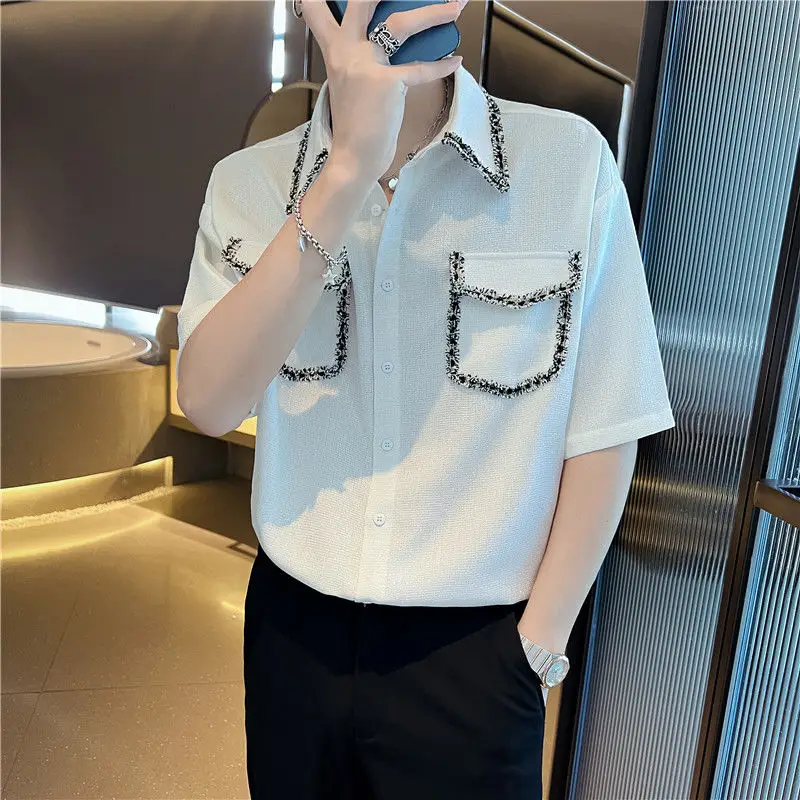 Fashion Lapel Spliced Button Pockets Korean Shirts Men\'s Clothing 2023 Summer New Oversized Casual Tops Loose All-match Shirt