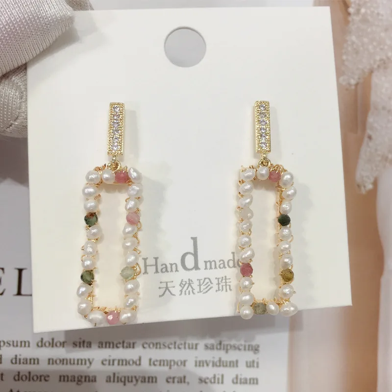 SHDIYAYUN Pearl Earrings Natural Freshwater Pearl Jewelry Tourmaline Rectangle 14K Gold-plated Wire Winding Manual For Women