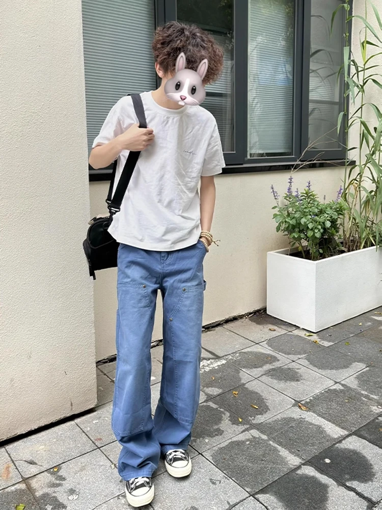 

Retro American Vibe Men's Jeans Blue Workwear Loose Straight Leg Design Rivet Casual Jeans mid Waist Water Waed