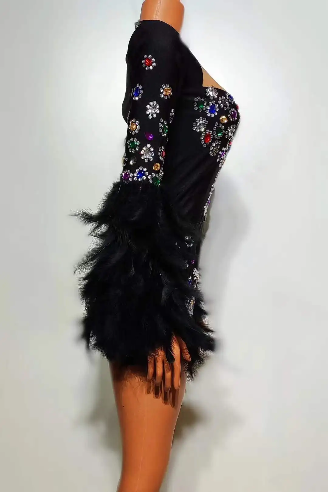 Damskie czarne body z kwiatami, dżetami, piórami, dla piosenkarki, tancerki, na urodziny, imprezę w klubie nocnym, strój królowej, trykoty do świętowania.