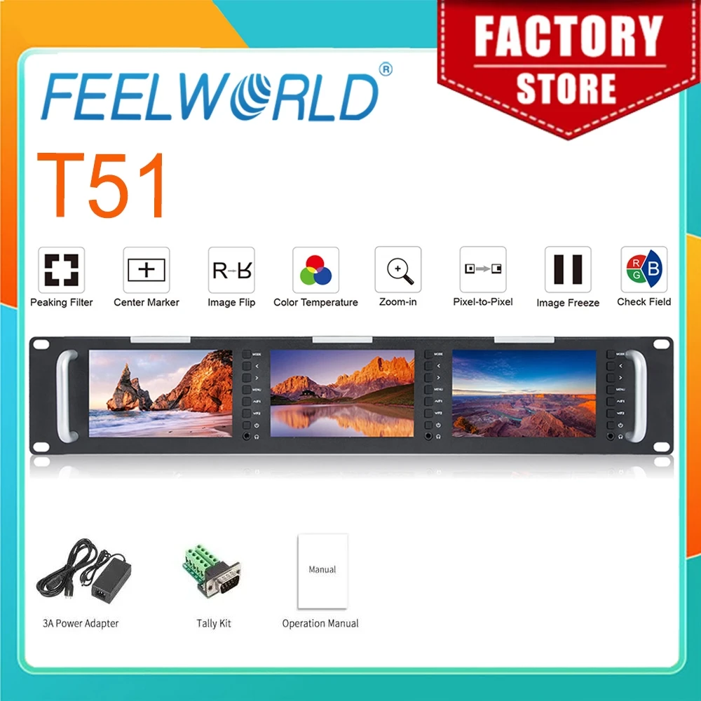 Feelworld Rack Mount Monitor T51 Triple 5 Inch 2RU LCD 3G-SDI HDMI Input Output Broadcast Level Quality Monitor