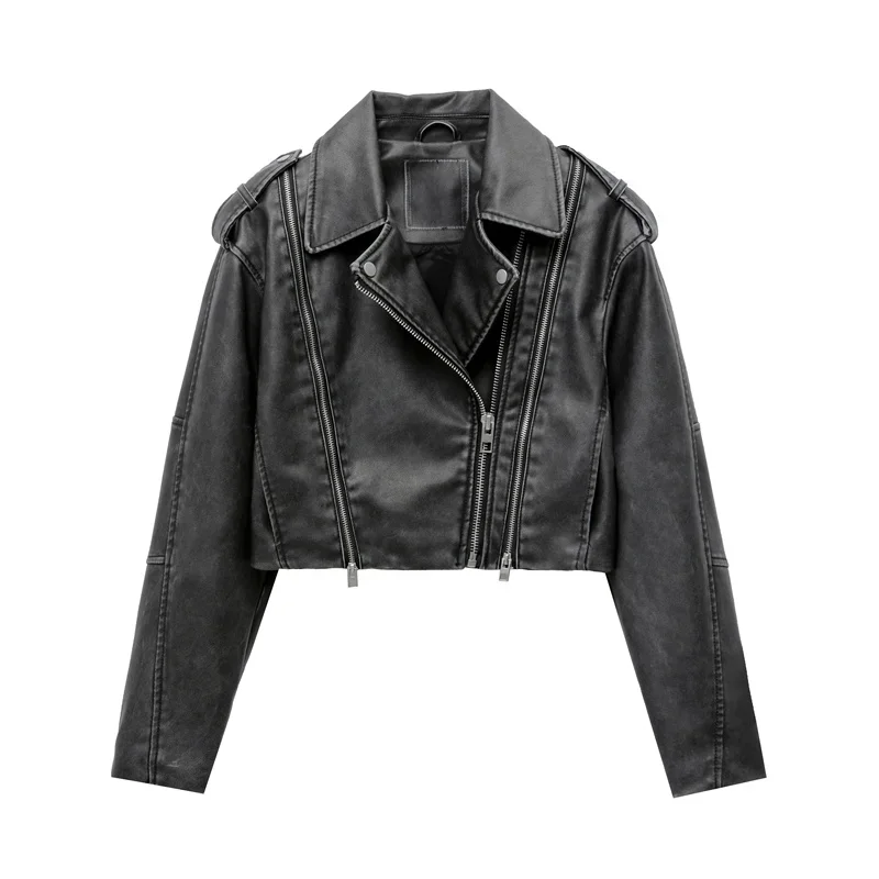 

2023 Women's short make old effect imitation leather motorcycle jacket jacket women's washed gray leather coat