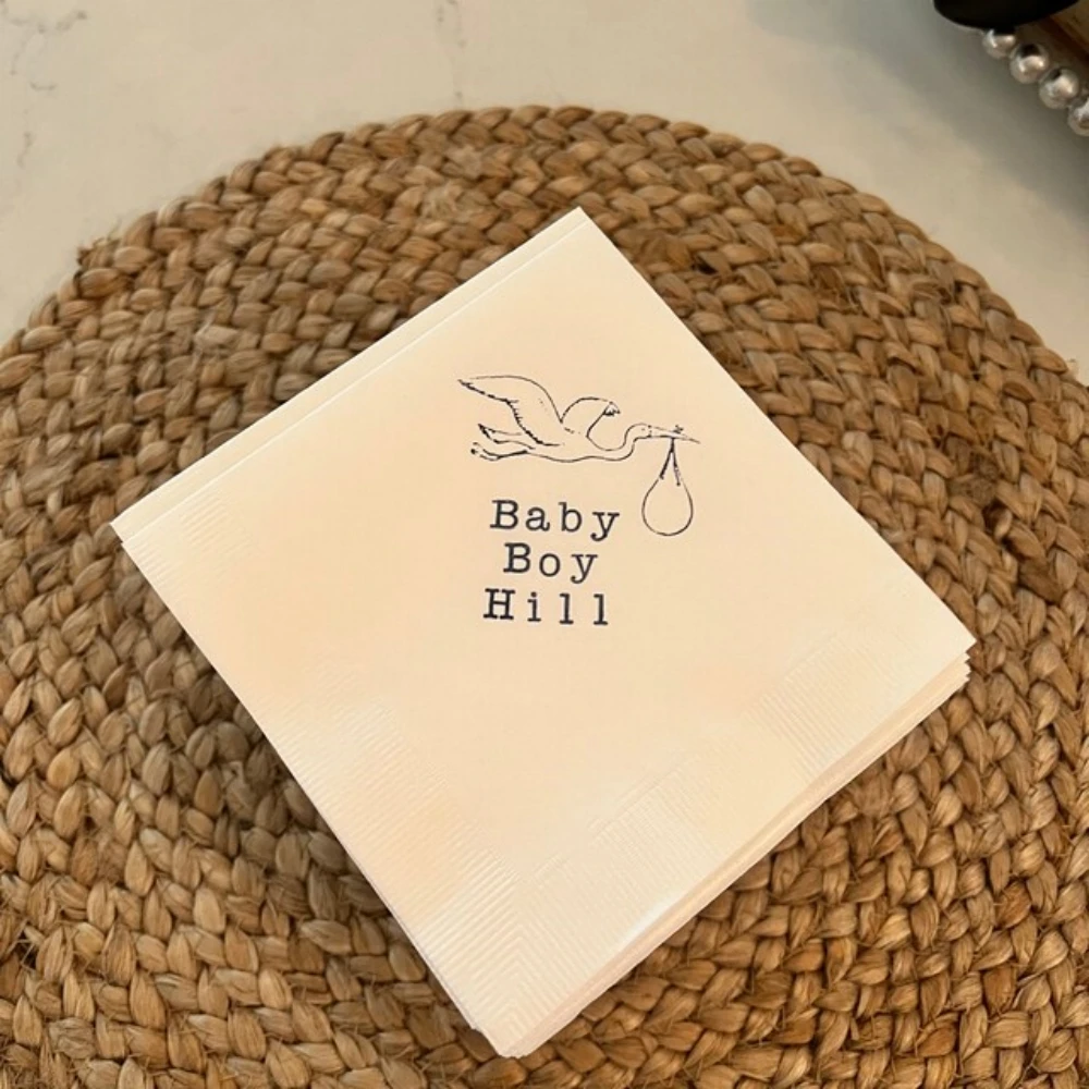 

50Pcs Personalized Stork Baby Shower Napkins, Baby Sprinkle Girl or Boy Gender Neutral Napkins in Navy ink Custom Cocktail Napki