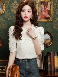 SMTHMA Fashionable Versatile Temperament Bead Puff Short Sleeved  T Shirt Women's 2024 Summer New Korean Jacquard Top