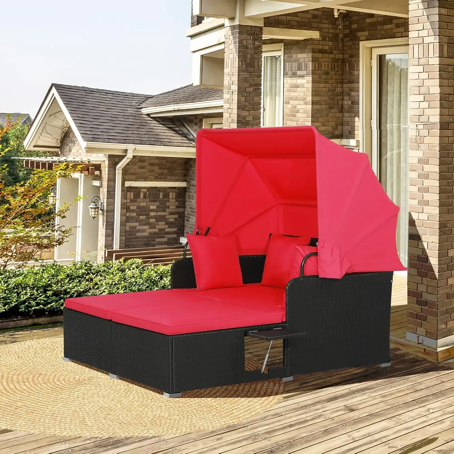 Outdoor Hand-Woven PE Wicker Daybed Patio Loveseat Sofa Set with Retractable Canopy & 2 Side Tables, Outdoor Sun Lounger image 5