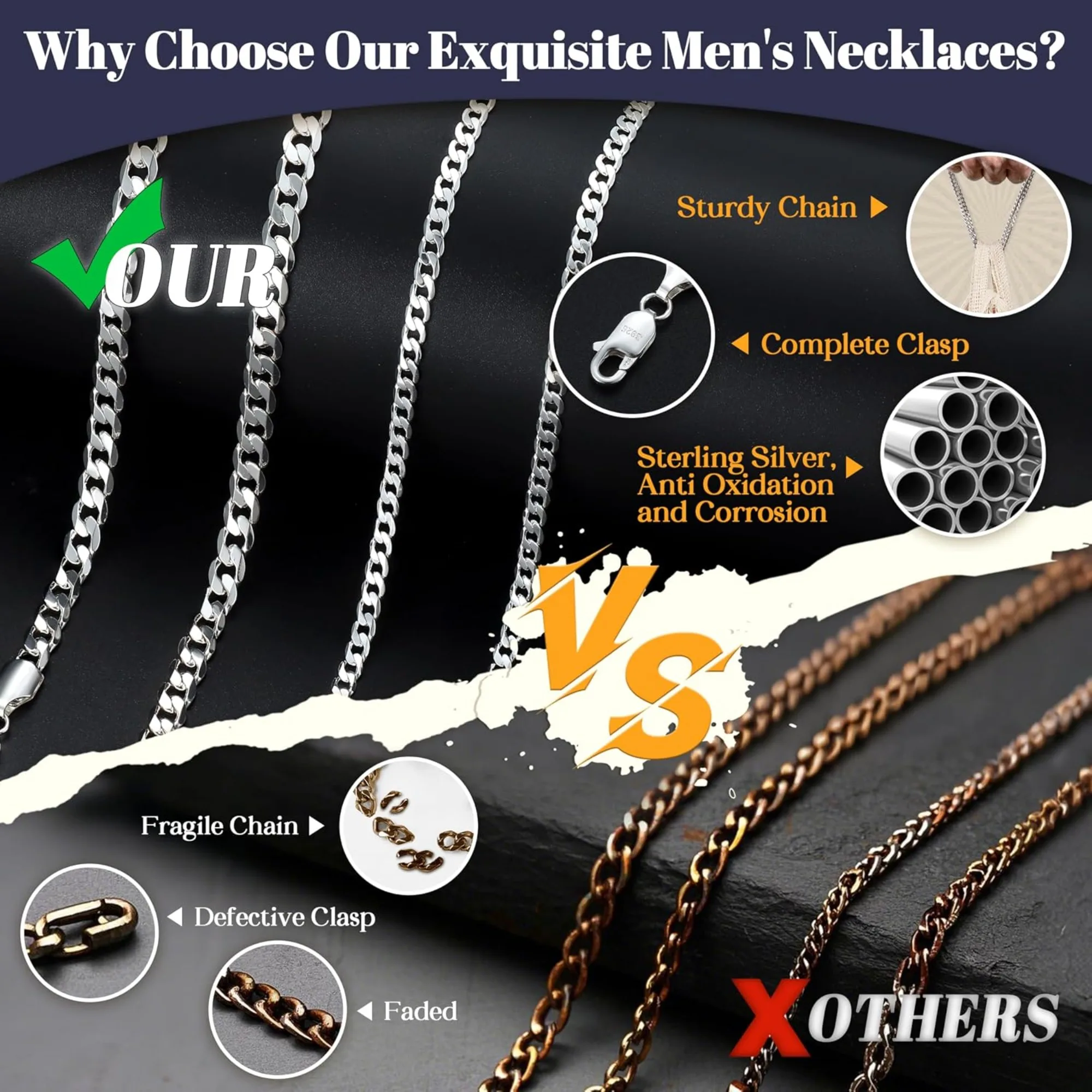 Mens Chain Necklace 3mm/5mm Cuban Sterling Silver Botton Chain Mens Mens Thick Cuban Link Mens Jewellery Gift  Pendant Ready