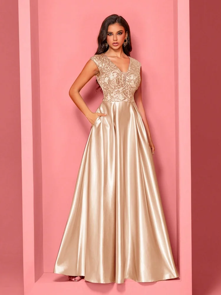

Новые роскошные золотые атласные вечерние платья с V-образным вырезом, вышивкой пайетками, длинные элегантные свадебные и коктейльные платья А-силуэта для женщин