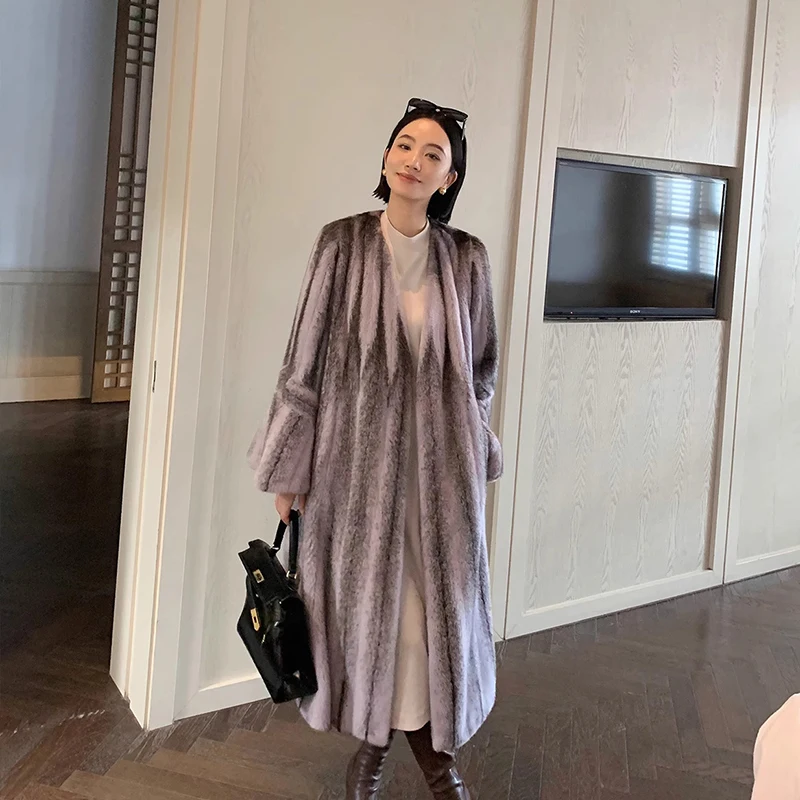 Ftangaiur Winter Coat For Women Import Cross Velvet Mink Fur Coat Women's Flare Sleeve X-Long Simplicity Real Mink Fur Coats