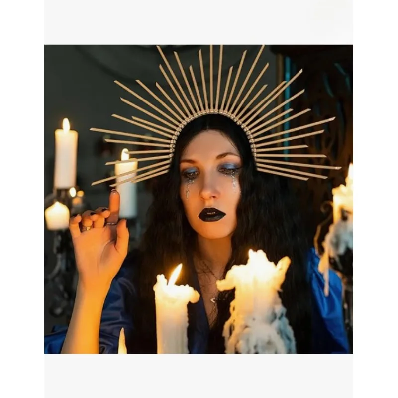 عصابة رأس ماري كراون للسيدات، تاج هالة أمة الله الذهبي - غطاء رأس كرنفال قوطي لالتقاط الصور التنكرية للأمهات في الهالوين