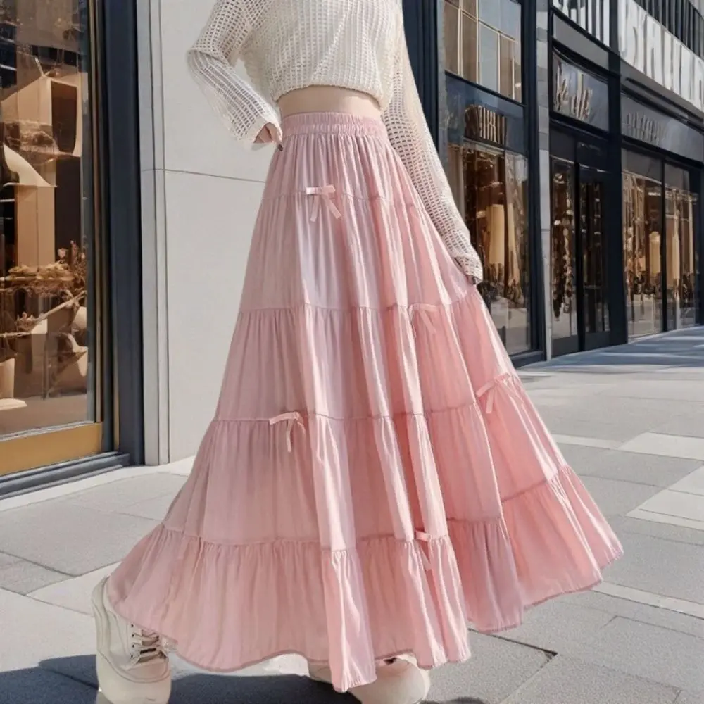 

Vintage Bowknot Tiered Midi Skirt Hight Waist Pleated Long Cake A-line Skirts Solid Color Chic Seven Point Long Dress Girl