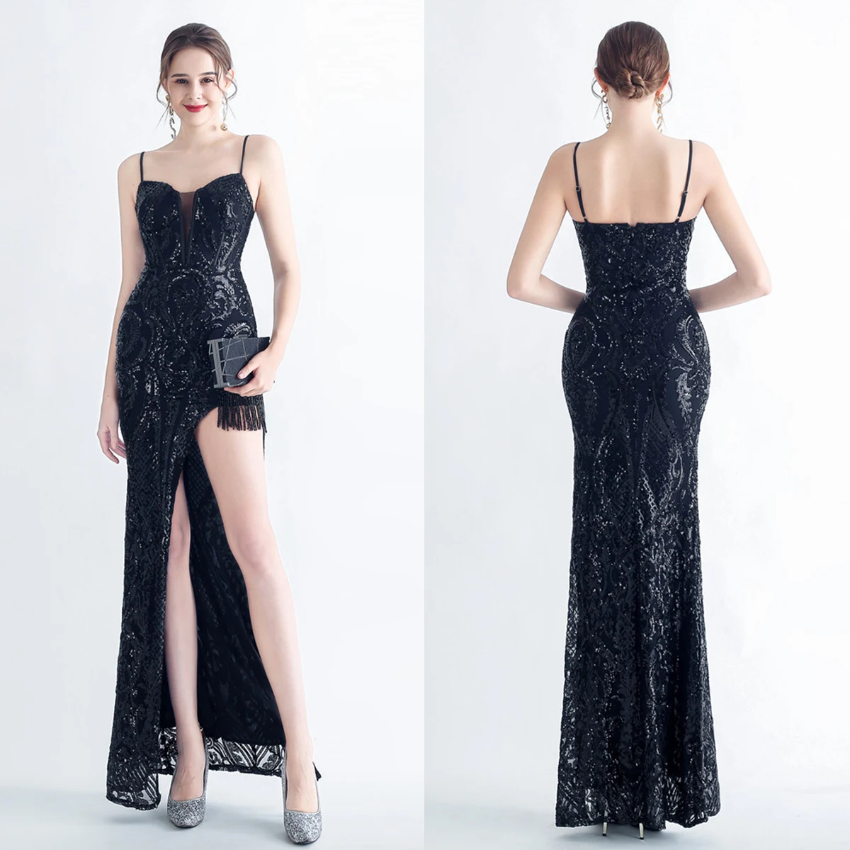 

Evening Dress Black Sequins Sgaphetti Straps Zipper Mermaid Trumpet Floor Length Beads Slit Women Party Formal Gown YE460