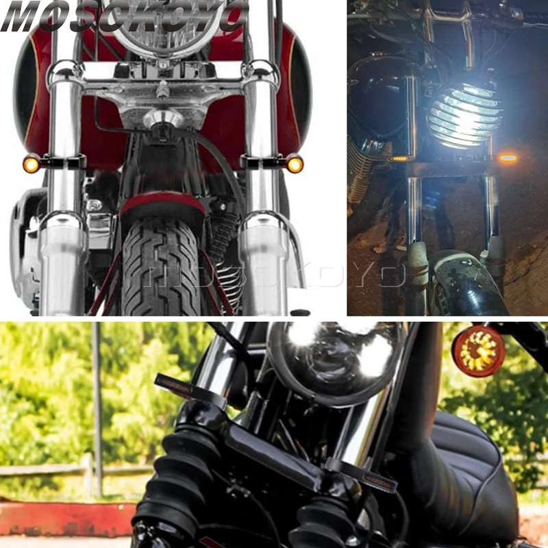 Motorcycle Front LED Turn Signal Light 41mm Fork Universal for Cafe Racer Chopper Bobber Scrambler Street Bike Signals Flasher