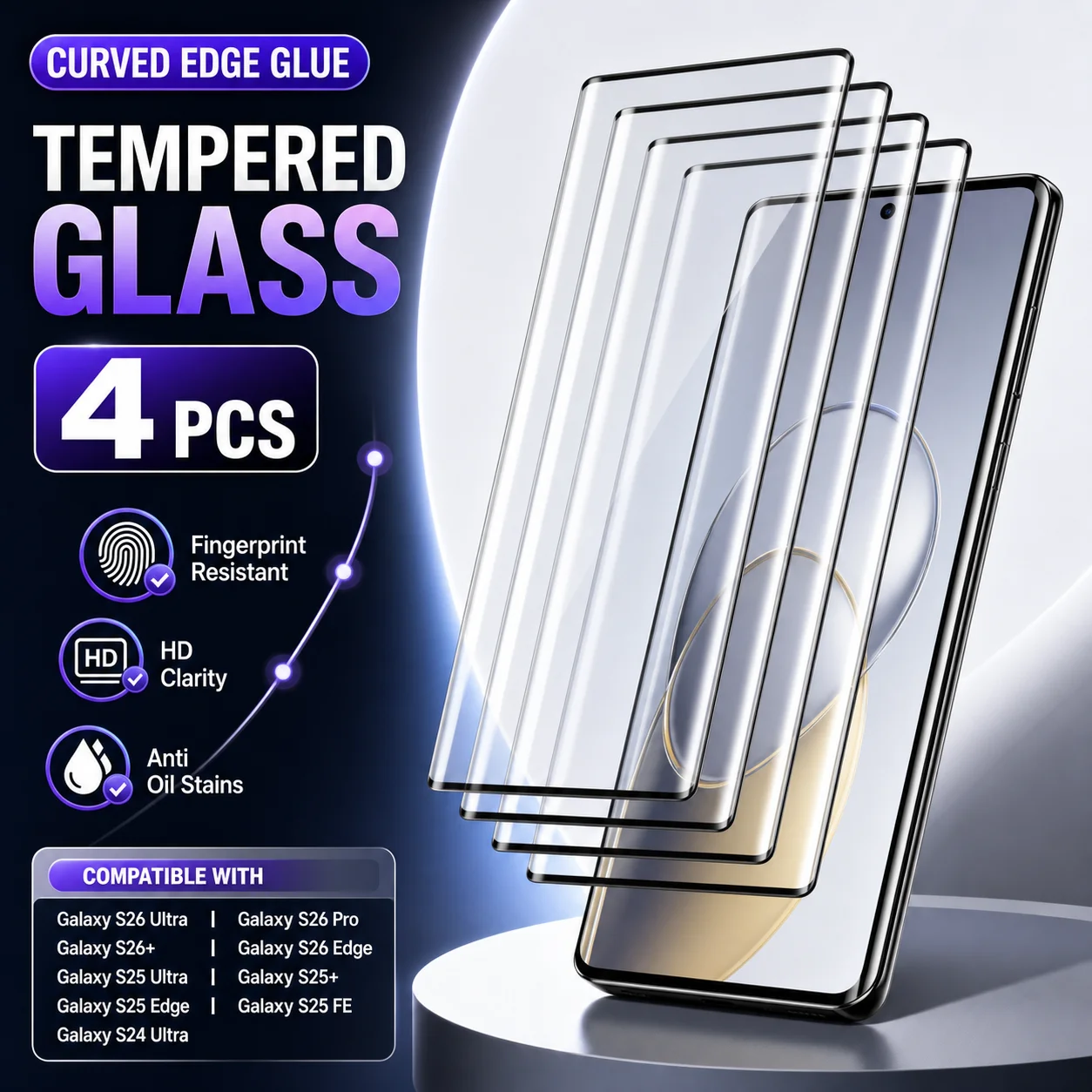 4PCS Full Coverage Tempered Glass Screen Protector For Samsung Galaxy S26 S23 S25 S24 S22 S21 S20 Plus Ultra FE 9H Hardness