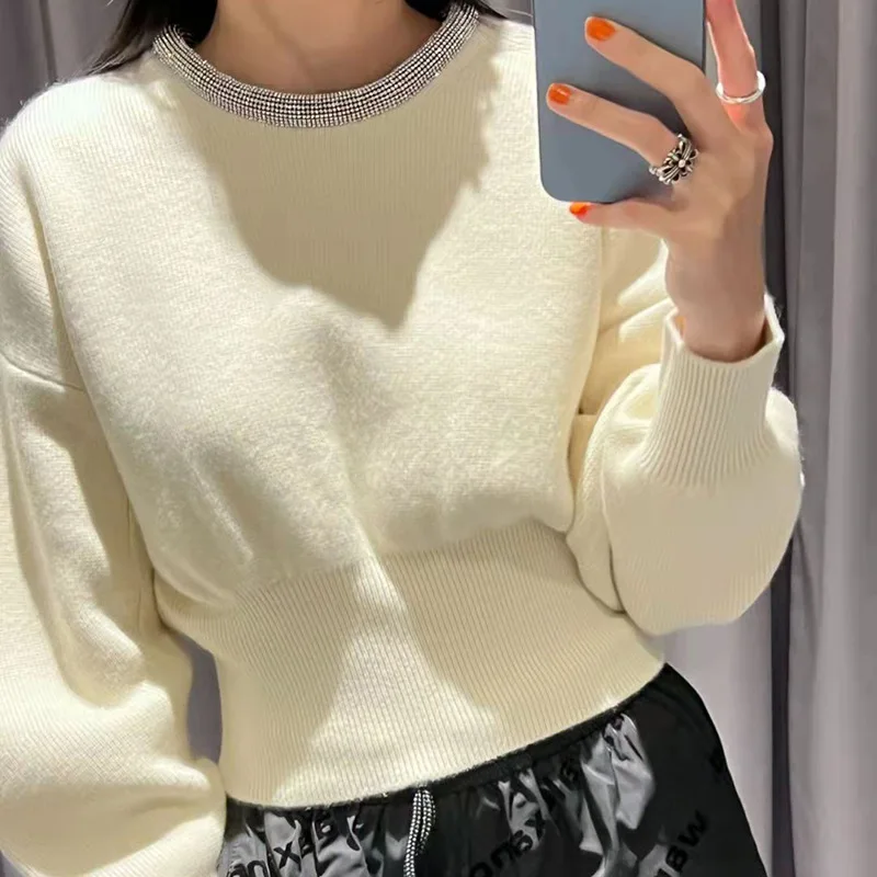 Slim Knitted Sweater Women Round Neck European and American Clothing Autumn Winter Contrasting Color Versatile Tops Pullover OL