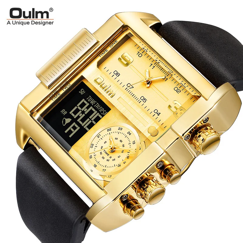 

Fashion Oulm Top Brand Square Gold Multifunctional Leather Men Leisure Quartz Electronic Dual Movement Sports Water Meter Watch