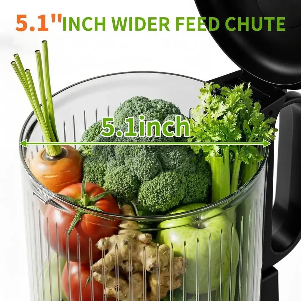 FirmHome StoreWide Chute Masticating Juicer, 5.1 Inch, 1.2L Slow Juicer For Whole Fruits & Vegetables, Easy Clean, Recipe Guide