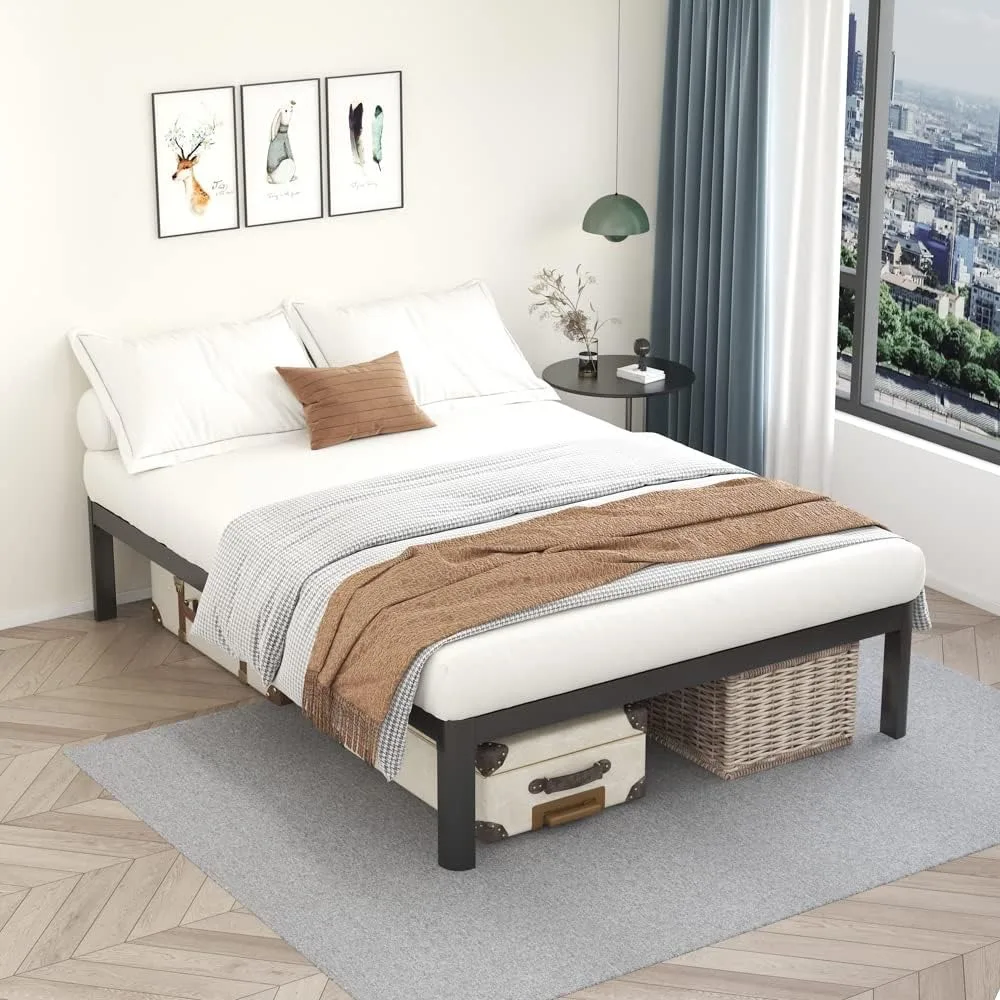 إطار سرير بمنصة معدنية 18 بحجم كوين من MAF مع أرجل مستديرة مضادة للتصادمات، أسود، سعة 3500 رطل، شديدة التحمل مع شريحة خشبية