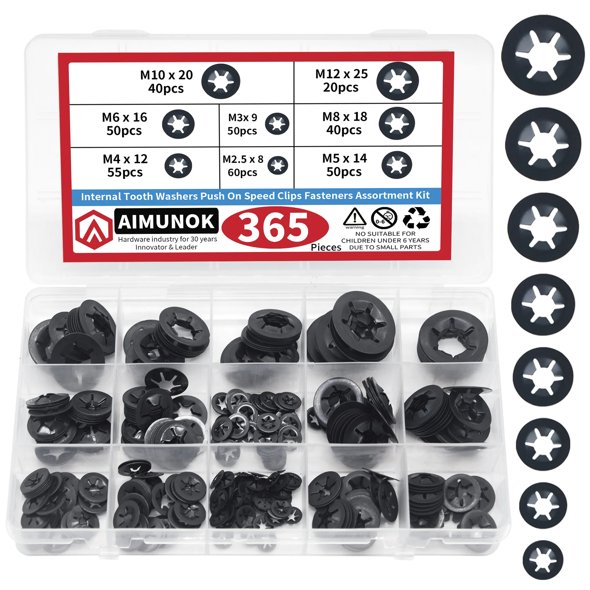 

365PCS 8-Size Internal Tooth Starlock Washers - 65Mn Steel Black Oxide, Anti-Rust Speed Clips for Furniture/Car/Repairs & DIY