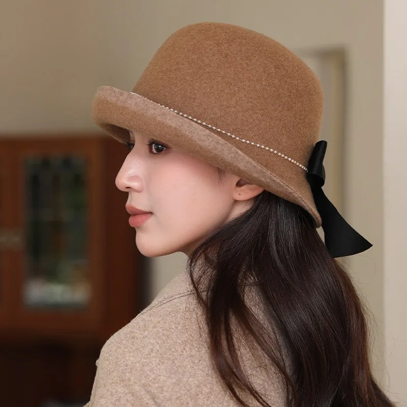Autumn Winter French Light Luxury Pearl Bow  Felt Flat Top Formal Hat Elegant British Style Lady Hat for Daily Party Dating