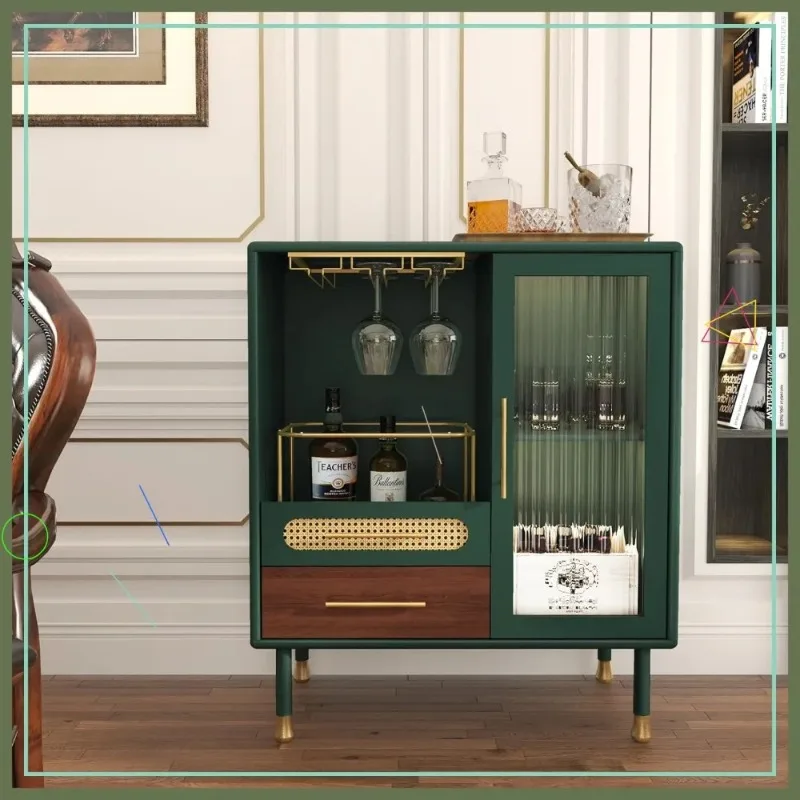 Modern Coffee Bar Cabinet with Wine Glass Rack, Drawers & Pull-Out Storage for Kitchen, Dining Room | Green Liquor Cabinet