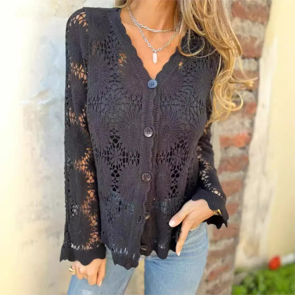 여성 섹시 레이스 블라우스 셔츠 V넥 버튼 긴팔 니트 가디건 출퇴근 패션 캐주얼 탑 여성 의류 2025