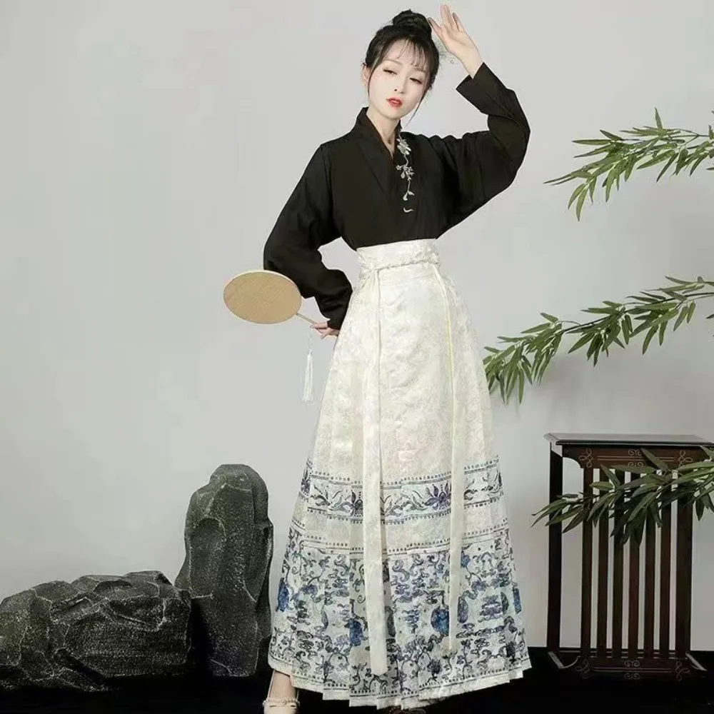 Chinese Style Traditional Pleated Skirt Black Mamianqun Hanfu Fashion Horse Face Skirts Women Modernized Daily Hanbok