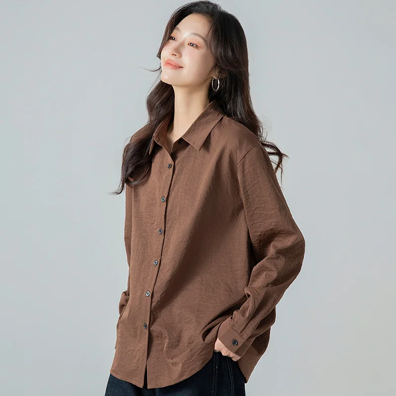 New Female Spring And Autumn Loose Fashion Versatile Commuting Casual Top For Women Simple Solid Color Collar Long Sleeve Shirt