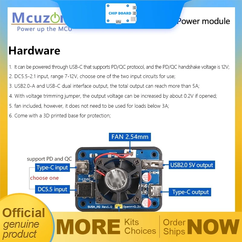 5V 5A PD power module with USB-C and USB-A dual ports for Raspberry Pi 5, supporting USB-C PD 12V or DC 5.5 input