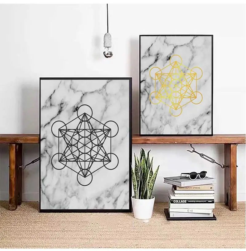 Gold Metatron Cube Marble Wall Art Canvas Painting Golden Sacred Geometry Print Fruit of Life Art Poster Home Wall Art Decor