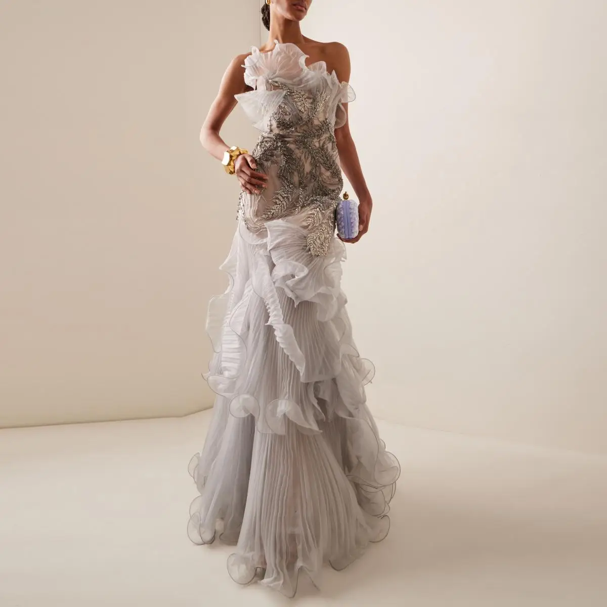 

Marchesa Fashion Grey Organza Beaded Mermaid فساتين السهرة vestidos de fiesta فساتين سهره вечерние платья