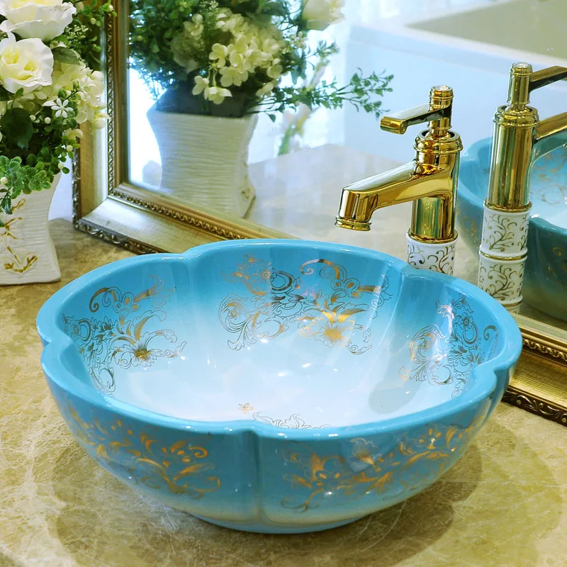 

Chinese Handmade Modern Artistic White Vessel Sink Ceramic Bathroom Sink ceramic wash basin bathroom sink blue flower shape