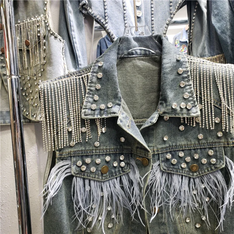 

Spring Women Vintage Washed Blue Short Denim Vest Bead Diamond Chain Tassel Feather Decoration Female Jean Waistcoat Veste Femme