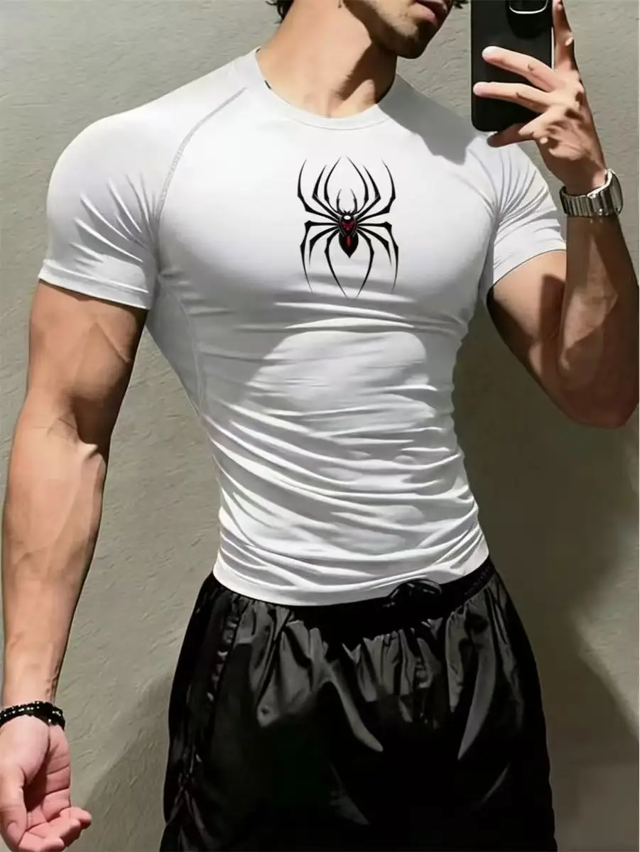 Spider Print Long Sleeve Compression Shirts for Men Gym Workout Rash Guard Undershirts Baselayers Athletic Quick Dry Tees Tops
