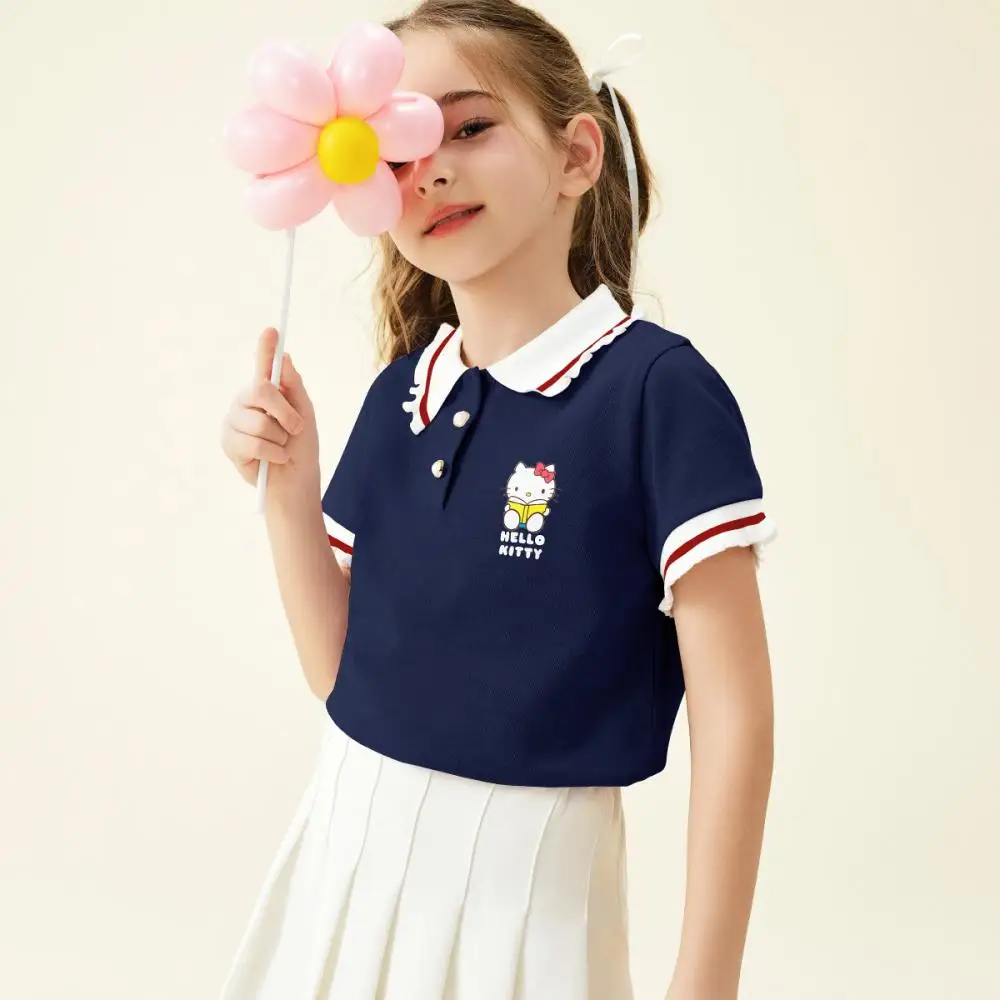 

Kawaii Sanrio Hello Kitty рубашка поло для девочек, летняя модная дышащая футболка с короткими рукавами и рисунком от 3 до 14 лет, детский свитшот, топы