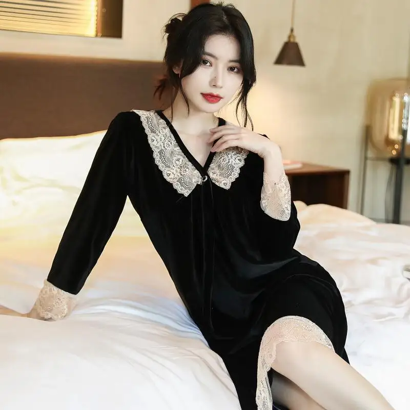 Autumn Nightgown Women Velvet Fleece Long Sleeve Winter Elegant Sleepdress Nightdress Casual Home Clothes Sleepwear Plus Size 5x