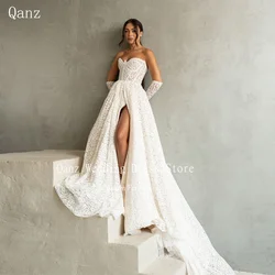 Qanz Elegant Wedding Dress Detachable Sleeves Full Lcae High Slit Court Train Vestidos Novias Boda Long Customized Bridal Gowns