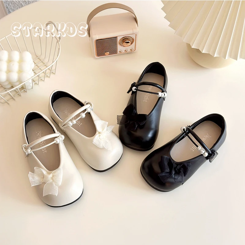 Side Lace Bowknot Ballet Flats Kids Girls Elegant Pearl Beads String Mary Jane Shoes Child Black White Wedding Party Shoes