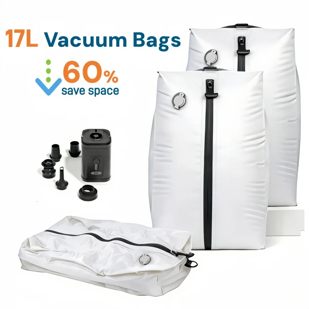 Travel Vacuum Storage Bags with Air Pump Professional Luggage Reusable Compression Bag Save 60% Space Storage Packaging（white）