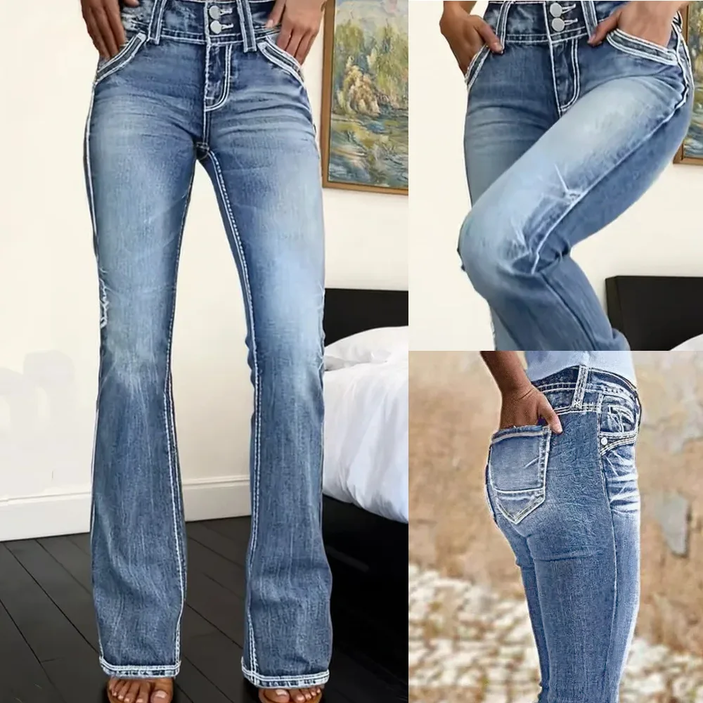 2026 Spring Summer New Women Fashion Slim Fit Retro Washed Embroidered Curved Elastic Bootcut Denim Pants