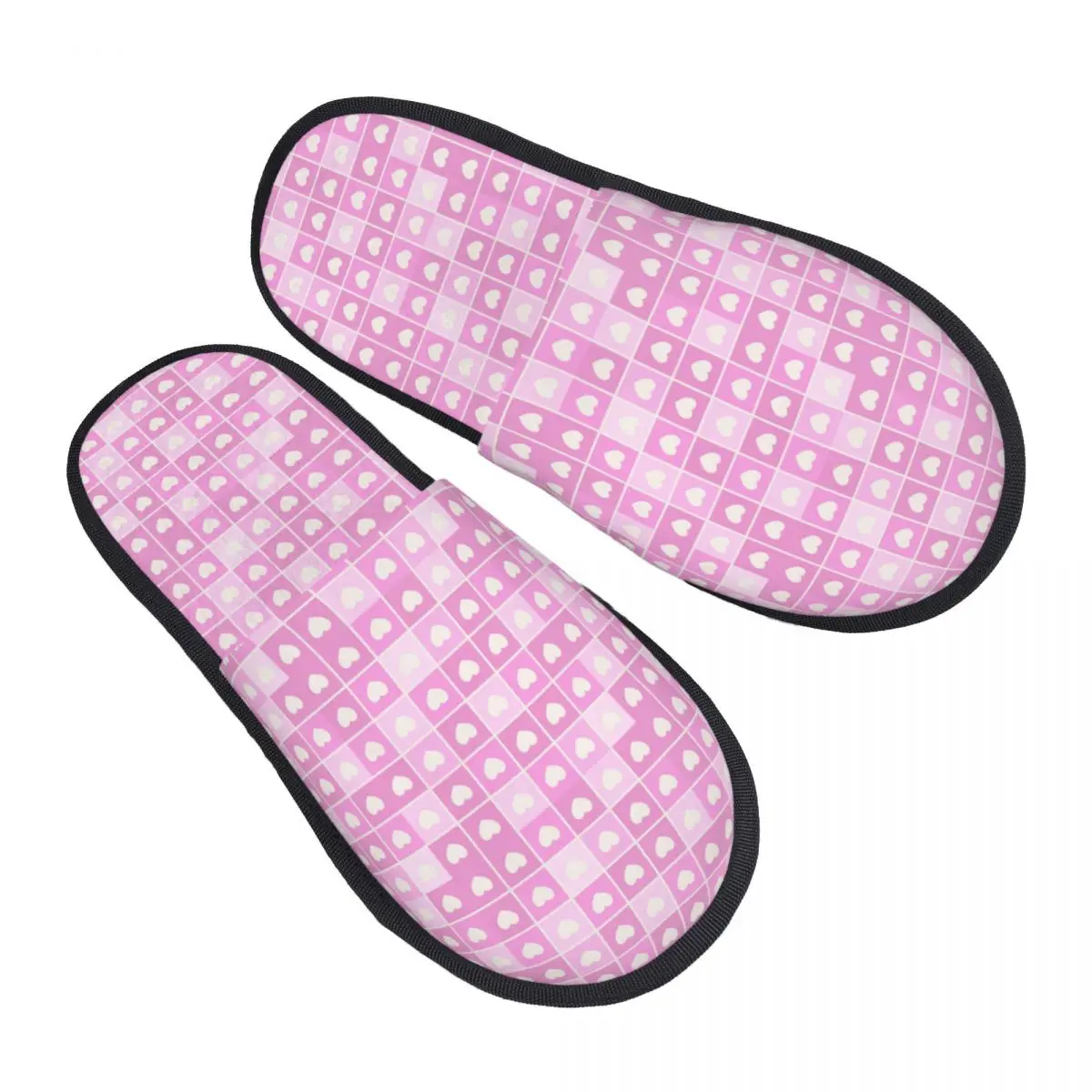 Custom Y2k Pink Heart Seamless Pattern. Checkered Girlish Soft Memory Foam House Slippers Women Comfy Warm Anti-Skid Slipper