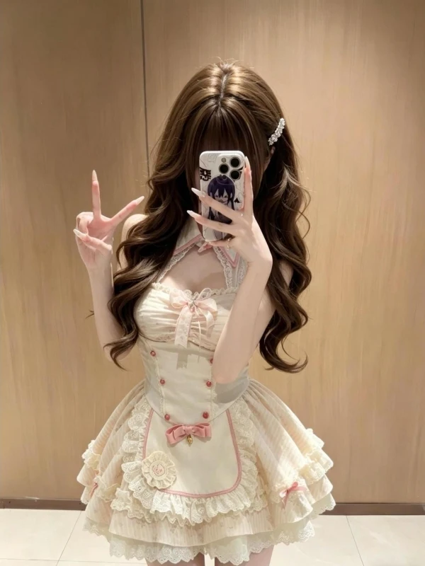 

Summer Sweet Girl Servant Outfit Lolita Skirt Hollow out Lace Splicing Hanging Neck Dress Knot Apron Girls Dress