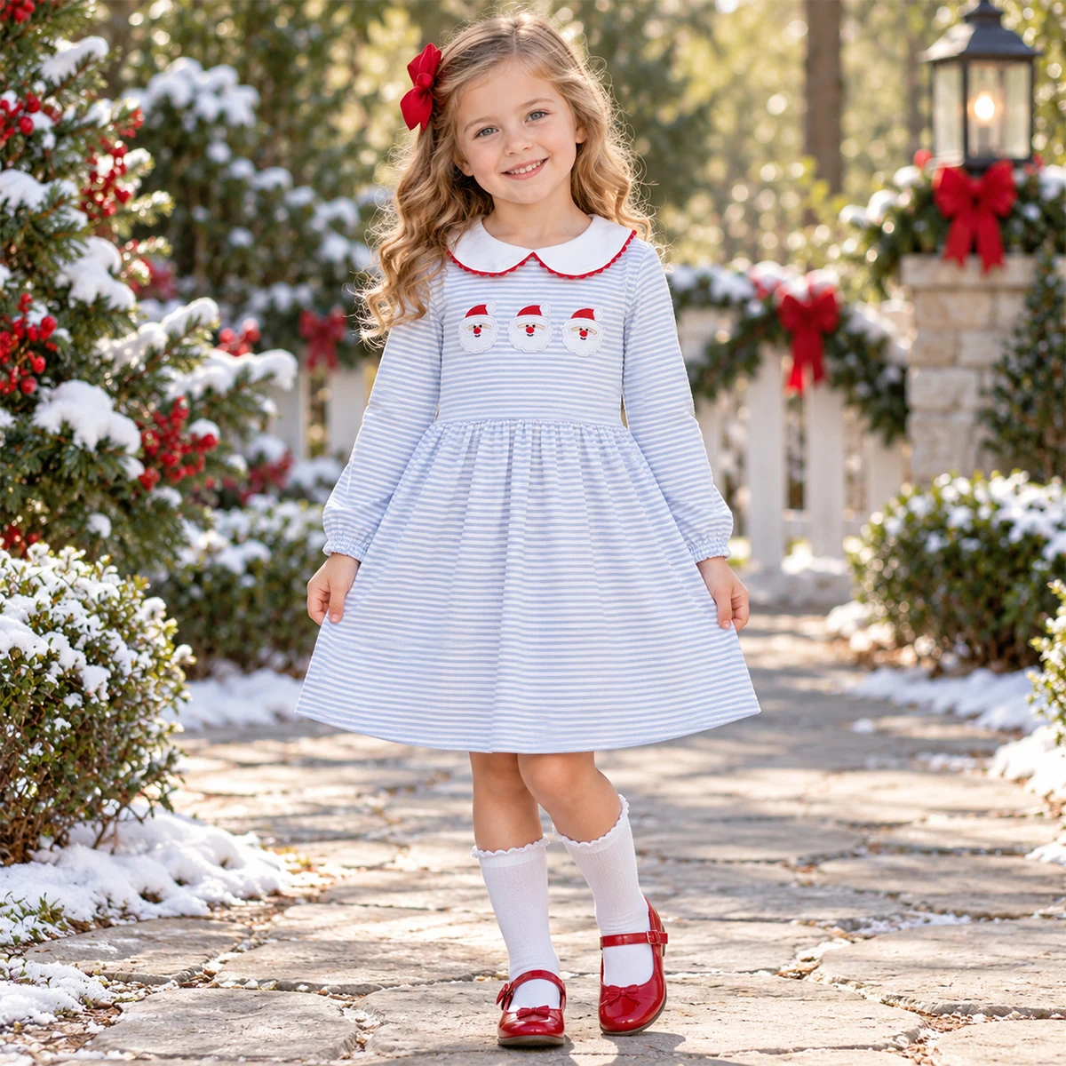 Baby Girl Clothes Cute Dress Girls Long Sleeve Kids Christmas Knee Length Dress Embroidery Santa Blue Stripe Collar Wholesale