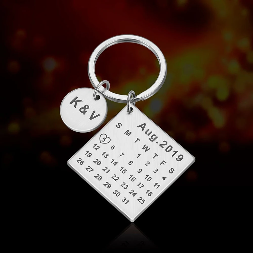 Keychain for Men Custom Stainless Steel Engraved Initials Calendar Date Keychain Wedding Anniversary Gifts Llavero Personalizado