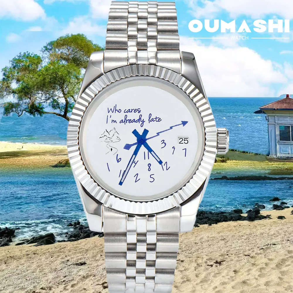 

Custom 39mm men watch NH35 movement automatic mechanical watch "Who Cares I'm already Late" sapphire glass stainless steel strap