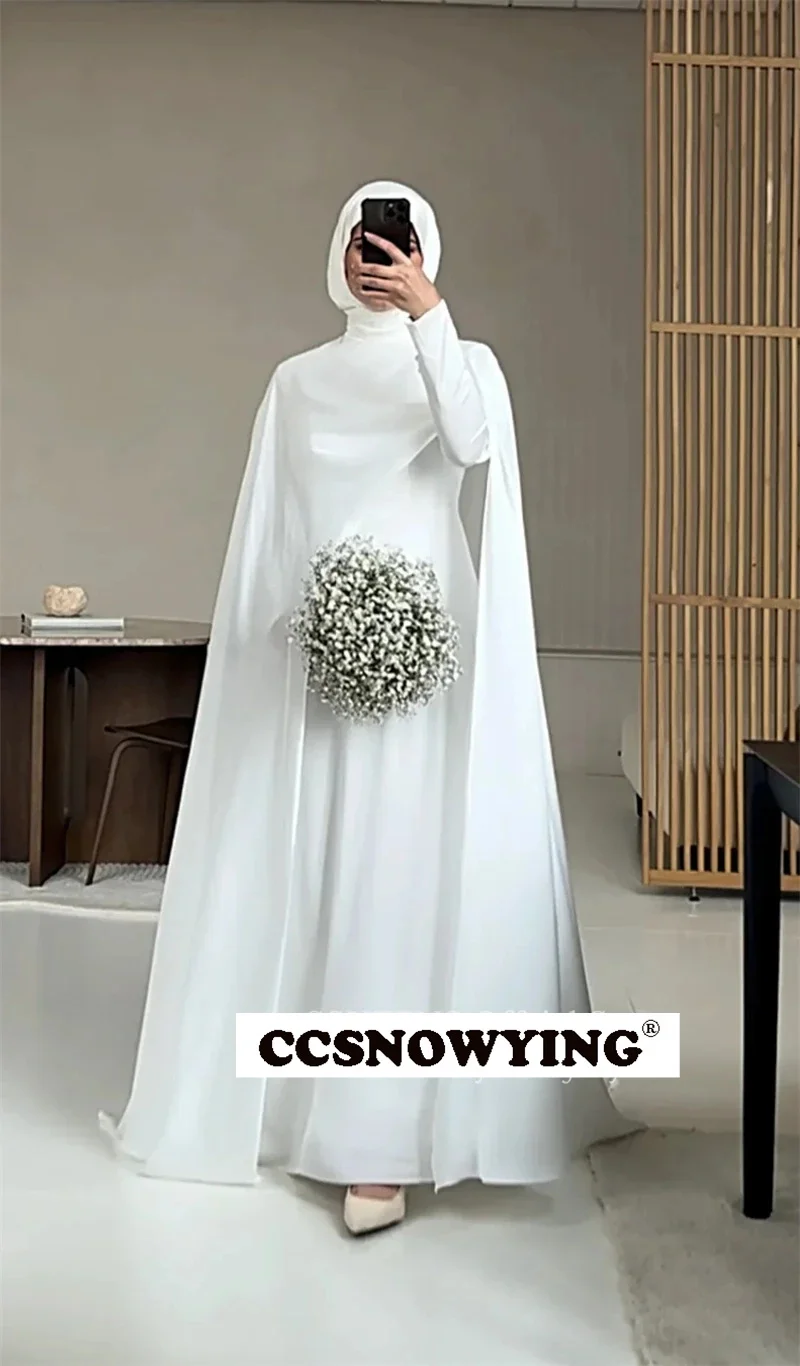 Elegante abito da sposa musulmano a maniche lunghe in raso per la sposa Abiti da sposa hijab con collo alto islamico Arabo Robe De Mariée