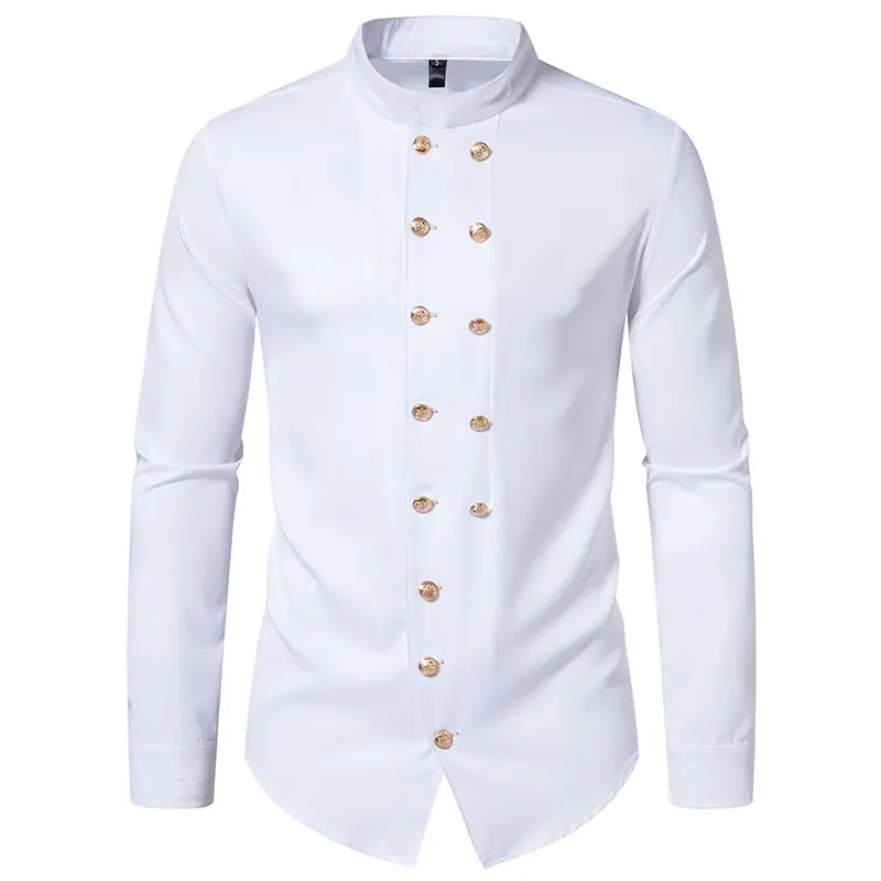 New Long Sleeve Formal Mens Shirt Double Breast Slim Fit Solid Color Mens Wedding Prom Social Tuxedo Dress