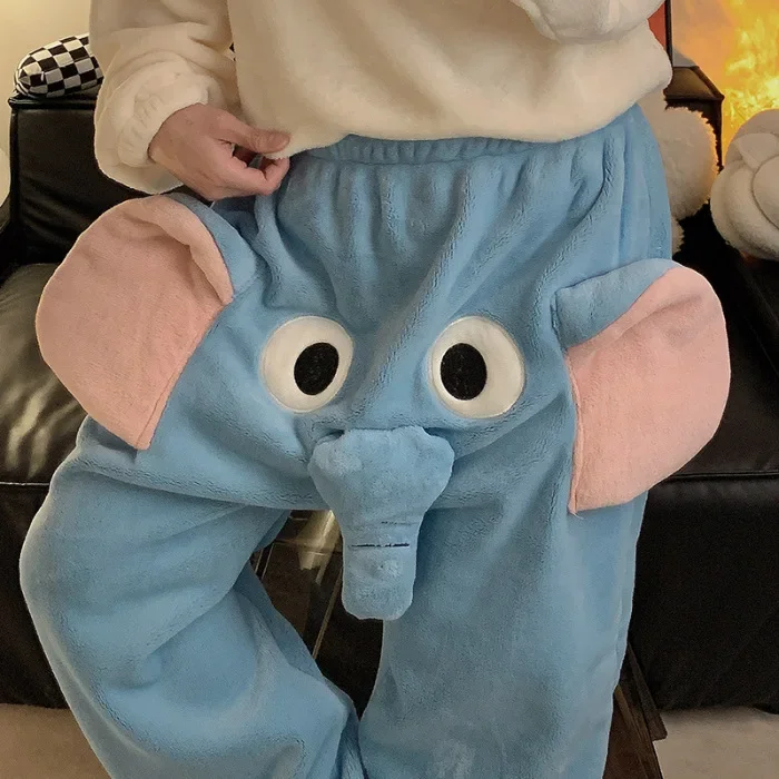 Elephant Pajamas Flannel Sleepwear Sleep Bottoms Pants with Big Nose Ears Trunk Funny Animal Trousers Couple Homewear for Winter