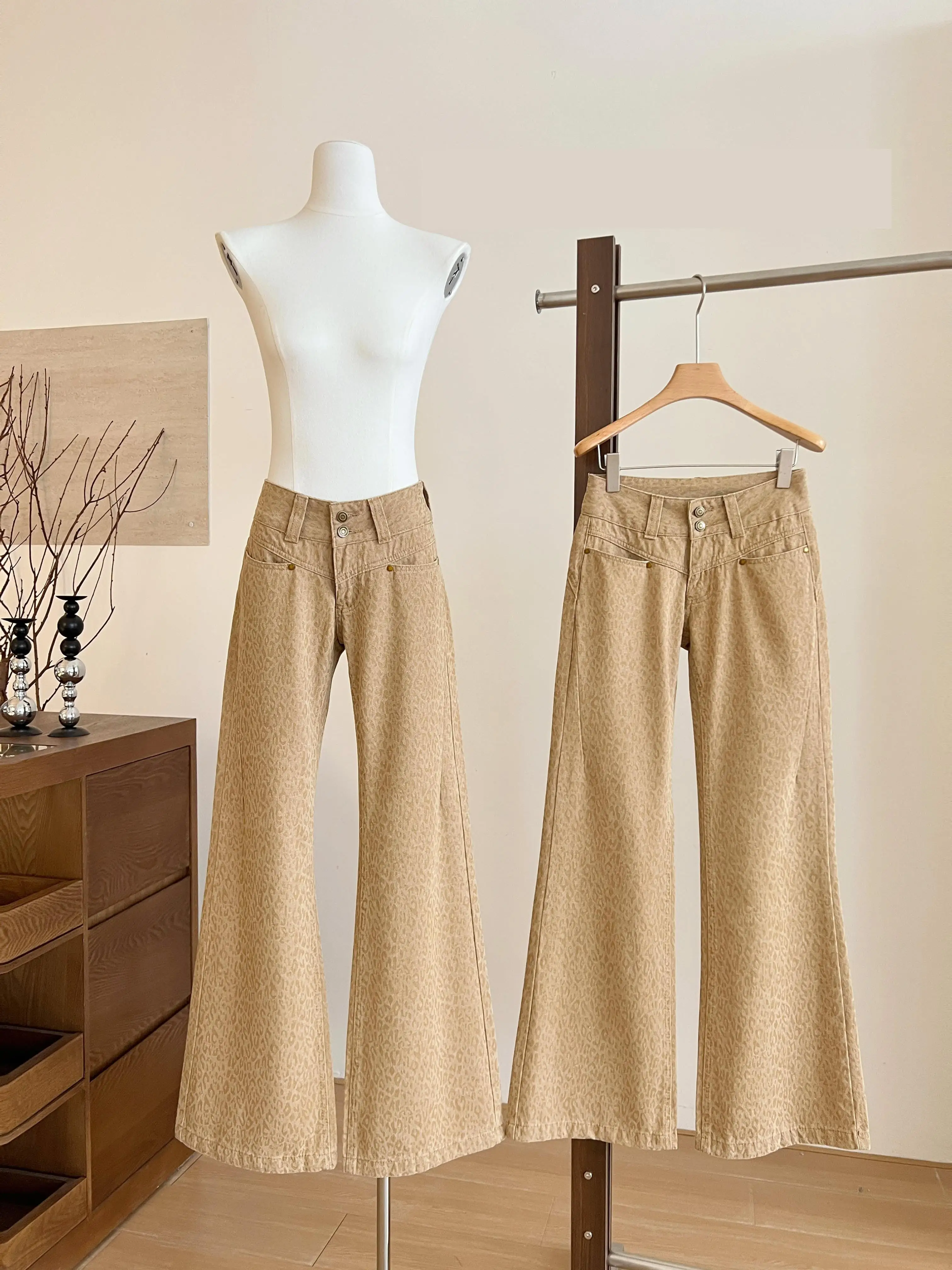 

Женские летние осенние свободные джинсы с низкой талией и леопардовым принтом, женская уличная одежда, длинные джинсы в полный рост