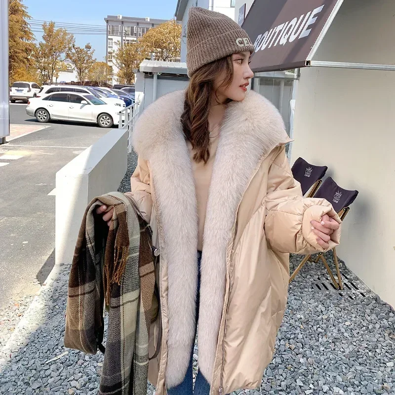 Winter Large Fox Fur Collar White Duck Down Down Coat Women 2024 Loose Oversized Jacket Thick Warm Luxury Snow Windproof Parkas