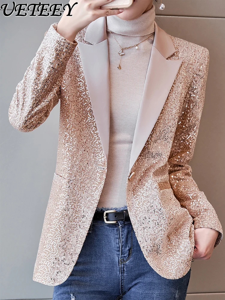 Socialite Style Suit Coat for Women Spring Autumn and Winter Wild 2024 New Casual Sequined Long Sleeve Slimming Blazer Jacket